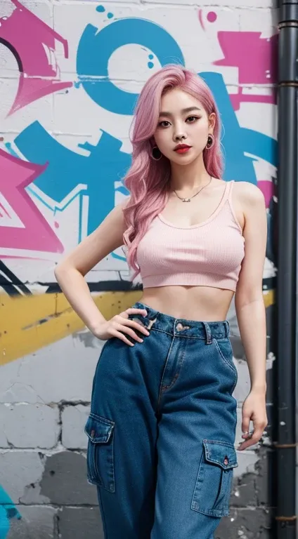 best quality, Clarity, 4k, 8k, detail, actual, Beautiful Girl, Korean makeup, Red lips, pink and blue hair, Perfect body, thigh, stand, pose standing, medium chest, inner top, Pink and Blue Cargo Box Pants, Solid graffiti wall background, Graffiti art,