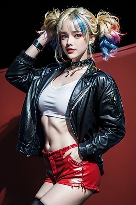 best quality,HDR,UHD,8K,Vivid Colors,solo,front view,photo_(medium),(looking at viewer:1.2),(1girl:1.3),
cowboy shot,outdoors,city lights,night sky, Harley Quinn,(two-tone hair:1.3),twintails,