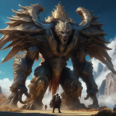 Giant creature, aesthetic, extremely detailed, Giant Creature, Mage, Angel, Detailed, a masterpiece digital painting by Greg Rutkowski and James Gurney, trending on Artstation, tube casting, angels are flying,  Creature, Monster Hunter Illustrations art bo...