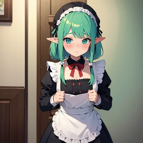 1Elf, maid, medium hair, mint hair, shy, blush