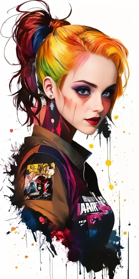 A woman with colorful hair and makeup is wearing a jacket, Retrato de Arlequina, Harley Rainha, de Arlequina, Arlequina, Emma Watson como Arlequina, vibrant fan art, emma watson is harley quinn, Harley Quinn standing, Rossdraw 2. 0, Lois Ross, trending art...