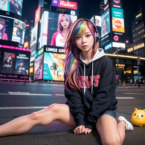 (In 8K、RAW photo、highest quality、masterpiece:1.2)、(realistic、Photoreal:1.37)、super detailed、超A high resolution、1 girl、solo、rainbow hair、hoodie、espadrilles、straight hair、headphones、length、(Center of the intersection)、(sitting on the ground)、night、neon、Times...