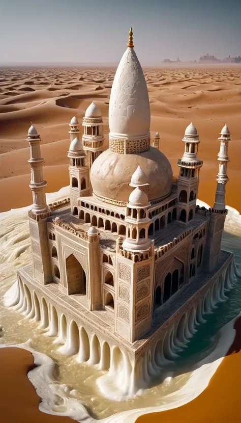 (8k masterpiece, raw photo, best quality:1.2) taj mahal ark constructed of  white chocolate, sitting on top of a huge water geys...