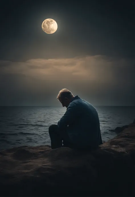 A man sits crying and looks at the moon in a sad mood.