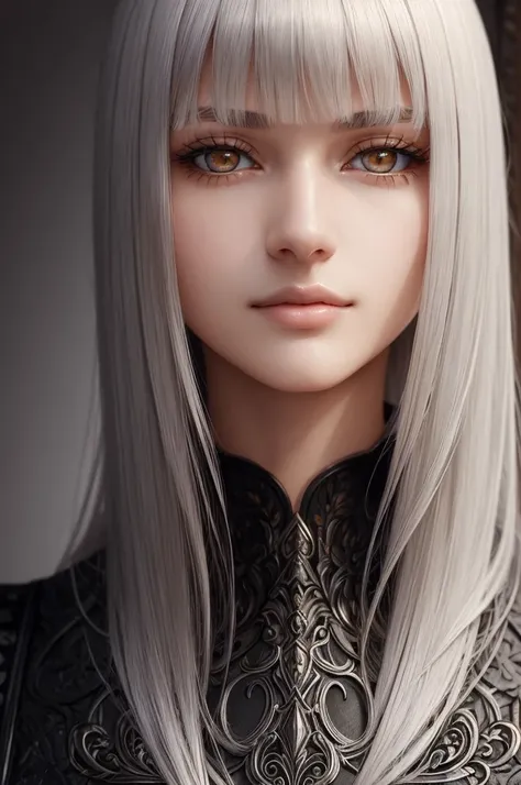 (masterpiece, best quality), intricate details, thin, ((slim)), beautiful girl, silver hair, blunt bangs, light orange eyes, sharp jawline, black coat, long hair, lips, upper body, close up, smirk