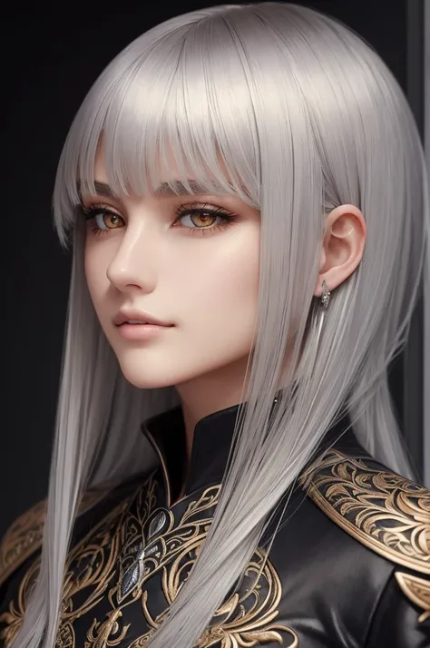 (masterpiece, best quality), intricate details, thin, ((slim)), beautiful girl, silver hair, blunt bangs, light orange eyes, sharp jawline, black coat, long hair, lips, upper body, close up, smirk