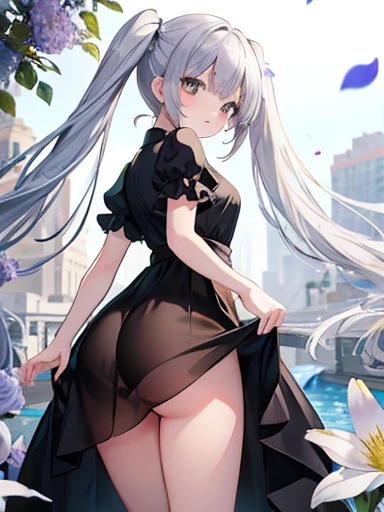 two girlasterpiece, highest quality:1.6), big breasts、big butt、big butt、cute black shirt、long skirt、silk green panties、See through、 thighs, beautiful girl, (flowers, lots of small white petals:1.3),, official art, RAWphotograph, incredibly absurd, face lig...