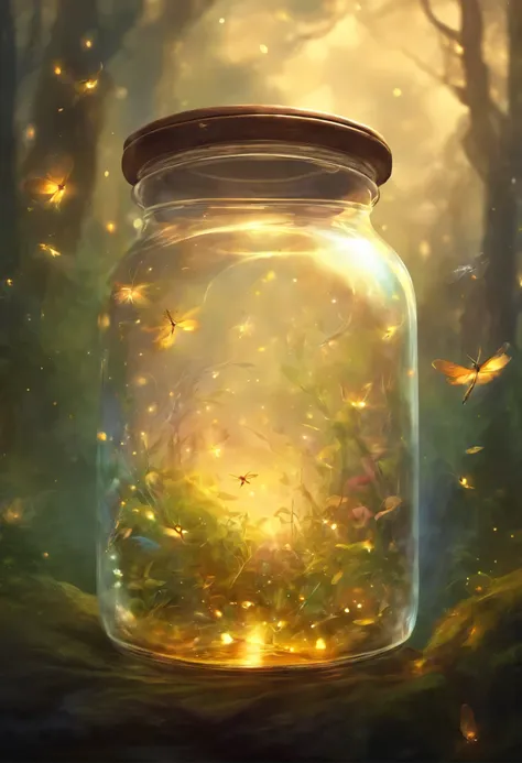 A glass jar with fireflies inside him,brighting