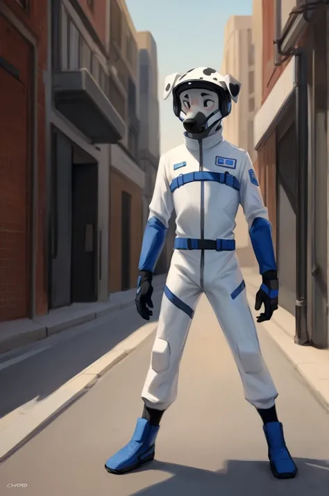 Solo, male, standing, short, weak, pathetic, slim, skinny, by bebebebebe, by schmutzo, ((snout, hair)), street, blue military spacesuit, dalmatian, helmet