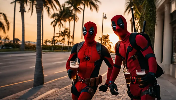 young spider-man and deadpool hugging with bottles of beer in their hands walking along a street with palm trees in Miami , In the evening , Sun at sunset, clear sky, people around are looking at them , Realistic style 