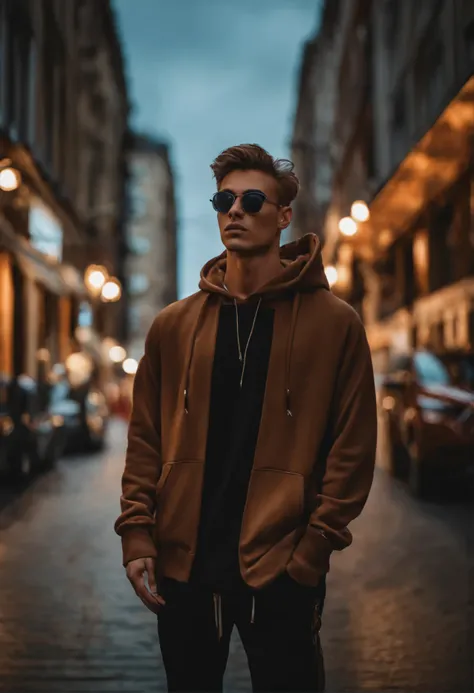 young man wearing a hoodie,wearing sunglasses,hair color is brown,Height is 186cm,wearing NIKE sneakers