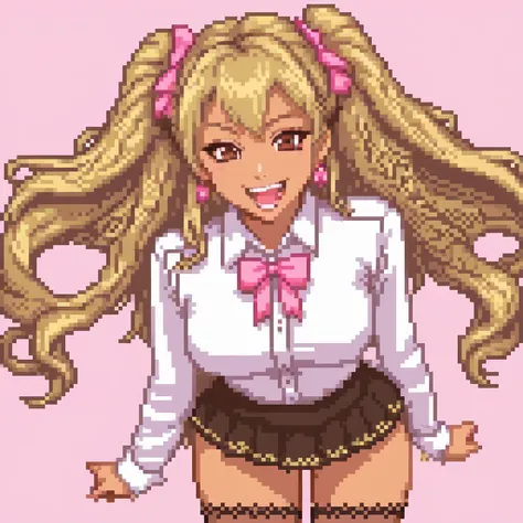 (pixel art:1.5)(solo, 1girl:1.5)gyaru, ganguro,blonde hair, twintails.long hair, ,brown eyes,medium breasts white shirt, microskirt pink g-string,evil grin, fang, open mouth, ornate border medium body, curvy body, dutch angle