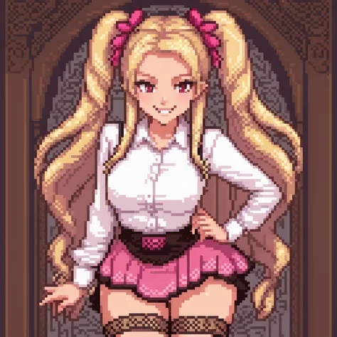 (pixel art:1.5)(solo, 1girl:1.5,blonde hair, twintails.long hair, ,brown eyes,medium breasts white shirt, microskirt pink g-string,evil grin, fang, open mouth, ornate border medium body, curvy body, dutch angle