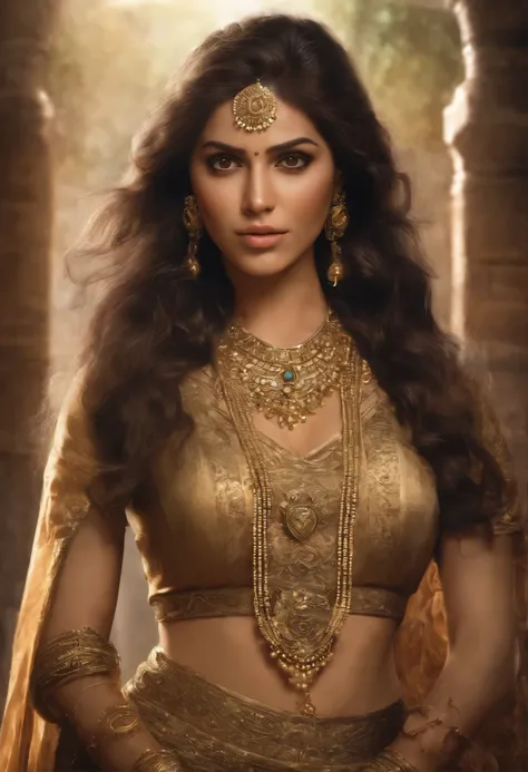 Full body portrait,A beautiful indian woman with long dark brown hair and bangs is featured in the image. She has big breast,She is dressed in a golden bra with a deep V-neckline and is adorned with exquisite gold jewelry, including a necklace and a pair o...