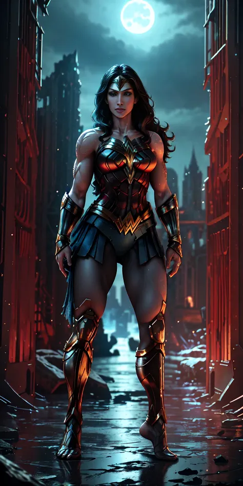 ((Full body photo,standing, feet on the ground)) Wonder Woman  stands imposing in a gothic lost city. Moonlight highlights your muscles and scars. The scenery is lush and mysterious, with futuristic tech and surroundings. The camera details everything, a w...