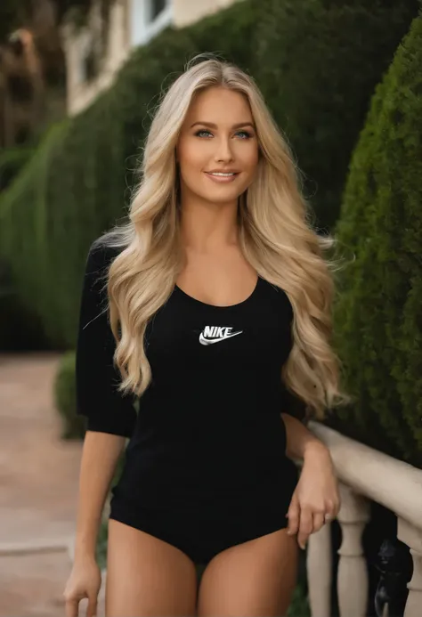 Upscale blonde, 24 years old, 5’6” tall, 120 pounds. Standing in front of her Beverly Hills Mansion. Long blonde hair. Wearing a black Nike logo T-shirt. No word on T-shirt .Blue eyes. Smiling with a nice posture, girl is also wearing black sweats..