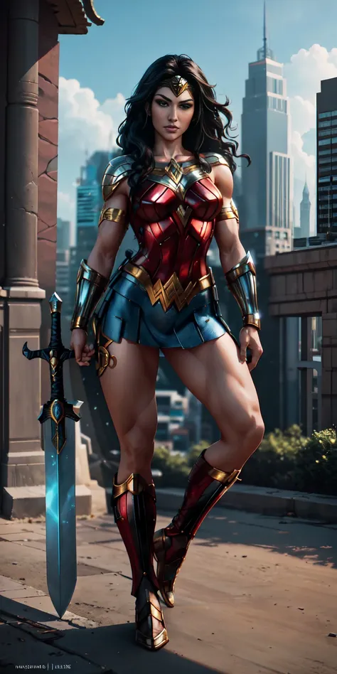 (((full body photo))) wonder woman stands imposingly in a city on themyscira. a sword in your hands. the day highlights your mus...