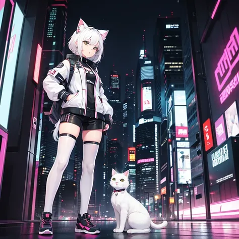 cute white cat:, standing, cute, (wearing a cyberpunk costume1.5)