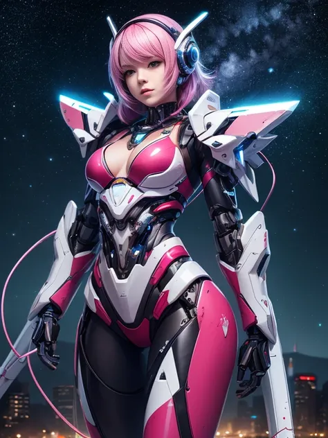 tmasterpiece, high high quality, A high resolution, high textured, 8K, HighDynamicRange, Robot girl in bikini costume, Medium breasts, Pink transparent tights, mechs, cyanhair, By bangs, Blue light sparkling eyeechanical body，Mechanical prosthetics, Mechan...