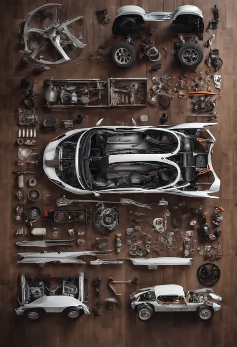 generates the image of a completely disassembled Porsche luxury car with the parts together on a wooden table with a white background
