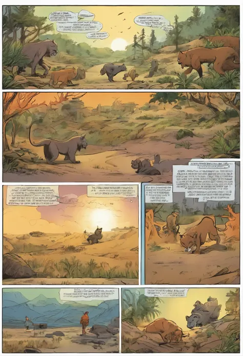 American comics, the comic story is presented in multiple irregular panels with color. The prehistoric cat goes through hardships while running away from home and then reunites with its clan. The style is exaggerated and detailed