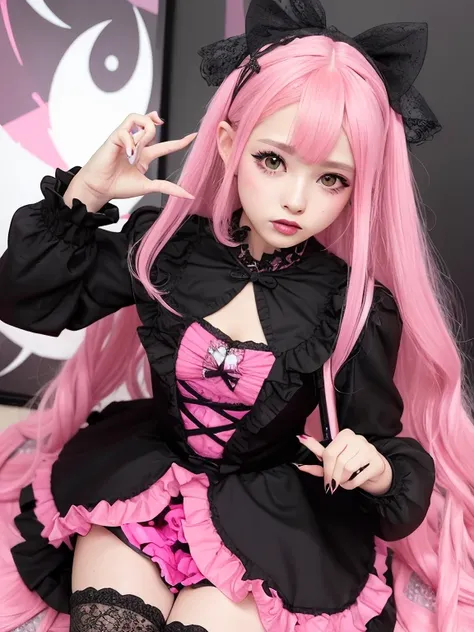 Arafe girl in pink and black dress with microphone, angelic pretty, Lolita style, Lolita Fashion, Belle Delphine, style of magical girl, dollpunk, ❤🔥🍄🌪, baroque visual kei decora art, witch clothing, decora inspired, fairycore, sakimichan, kawaii decora ra...