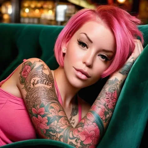 imagine laurence bedard reclining on a plush velvet sofa in a cozy coffee shop, her pink hair framing her captivating features. ...