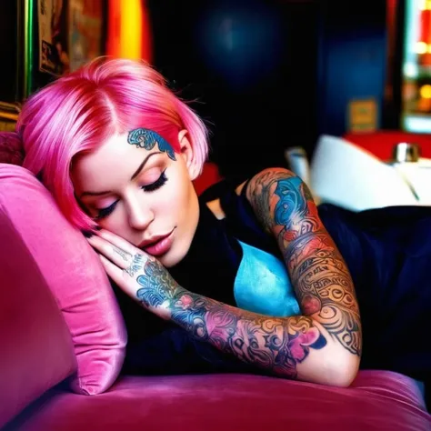 imagine laurence bedard reclining on a plush velvet sofa in a cozy coffee shop, her pink hair framing her captivating features. ...