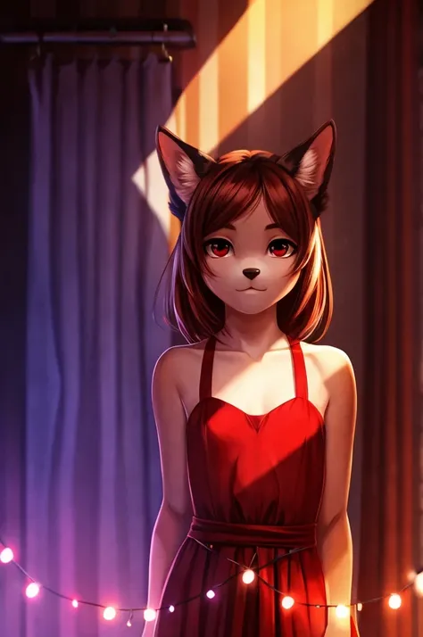 best quality, (furry:1.4), focus on face, small breasts, beautiful red dress, beautiful lights and shadows