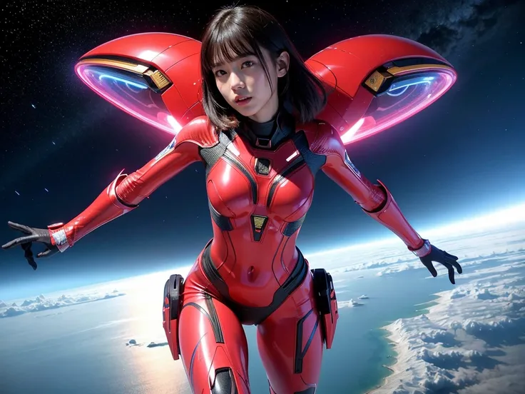 (RAW photo, highest quality), (realistic, Photoreal:1.3), 1 girl、realisticbody、Strawberry pattern battle suit costume、Pyramid-shaped UFO flying from space、avoid missiles、action pose