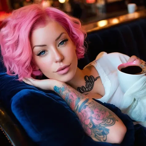 imagine laurence bedard reclining on a plush velvet sofa in a cozy coffee shop, her pink hair framing her captivating features. ...