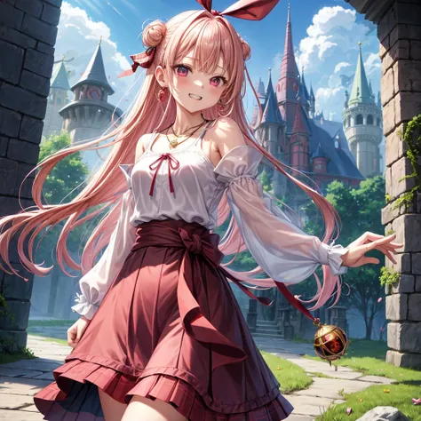 pink blonde、red eyes、one good looking girl、solo、anime、plaid mini skirt、black camisole、black t-shirt、dress、wearing a ribbon、ribbon at waist、cloak、hood、stone slabs are piled up、crystal earrings、monster castle、jewelry necklace、Light and shadow、walking、clock、u...