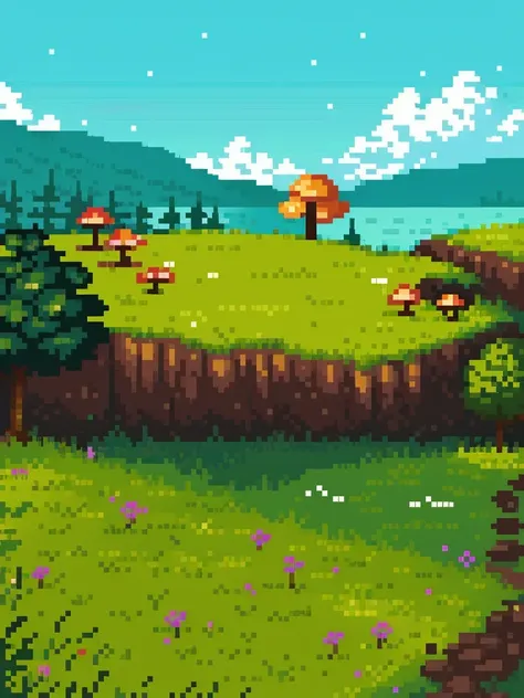 pixel art:1.5, landscape, with mushrooms, flowers, mountains, beautiful, intricate, high quality masterpiece