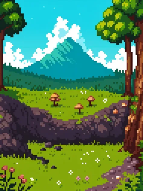 pixel art:1.5, landscape, with mushrooms, flowers, mountains, beautiful, intricate, high quality masterpiece