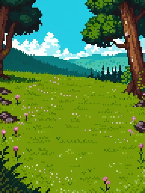 pixel art:1.5, landscape, with mushrooms, flowers, mountains, beautiful, intricate, high quality masterpiece