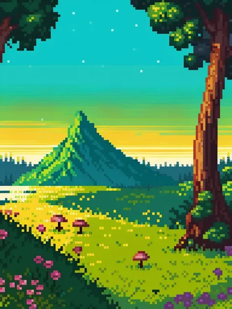 pixel art:1.5, landscape, with mushrooms, flowers, mountains, beautiful, intricate, high quality masterpiece