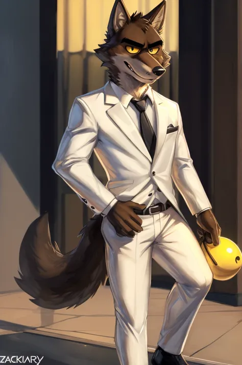 ((Perfect anatomy, detailed eyes, detailed legs, detailed arms, detailed tail, detailed body, detailed face)), Mr Wolf, (The bad guys), 1male, brown furs, yellow eyeballs, black eyes, white suit, by Zackary911, Zackary911