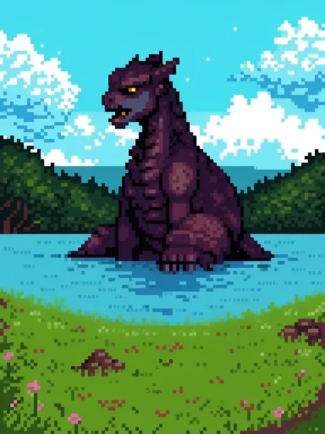 pixel art:1.5, godzilla, beautiful scenery, intricate, high quality masterpiece