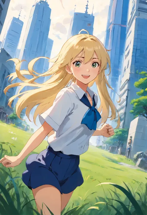 very long blonde hair、Japanese anime woman with short hair, whole body, Wearing a navy blue setup, white shirt, skyscrapers、grass、standing position、various expressions、smile、bright、Get angry、