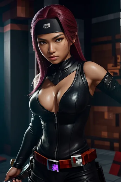 (a realistic, vibrant, detailed and high-resolution) gorgeous, deadly Malaysian ninja (age 20), (subject 2: pixel art mirror image), minecraft setting, sharp focus, HDR, physically-based rendering, detailed eyes, detailed lips, detailed outfit, intense gaz...