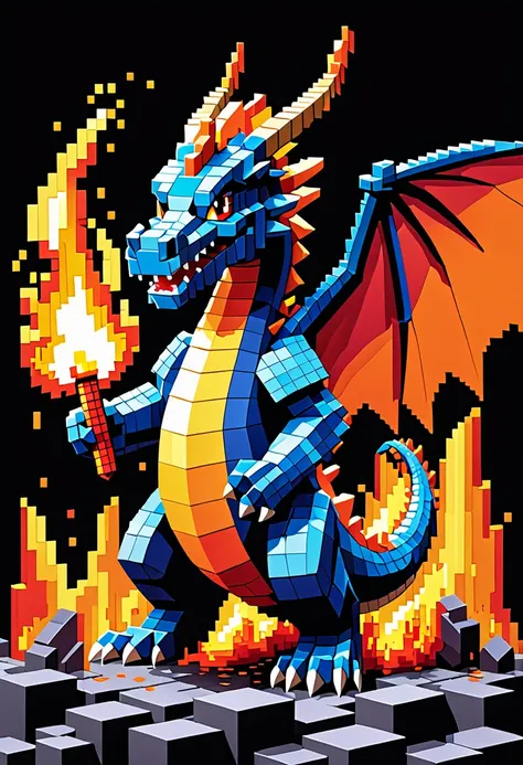 A pixel art dragon (blocky) breathes fire, a video game title in the flames