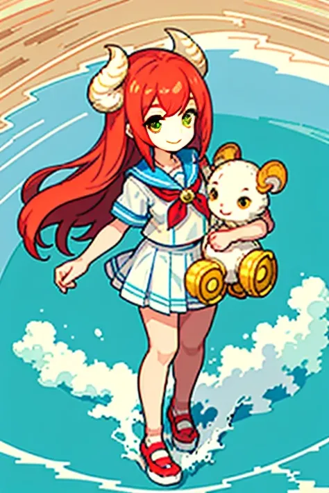 In this enchanting pixel art, a jovial Ram dons a classic sailor suit, complete with red and white stripes, a shiny collar, and a golden button at the chest. The Rams eyes gleam with playful curiosity as he gazes out towards the horizon, a captivating smil...