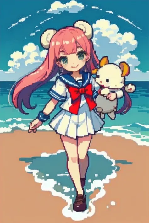 In this enchanting pixel art, a jovial Ram dons a classic sailor suit, complete with red and white stripes, a shiny collar, and a golden button at the chest. The Rams eyes gleam with playful curiosity as he gazes out towards the horizon, a captivating smil...