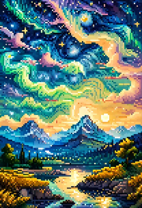 pixel art of starry night by van gogh