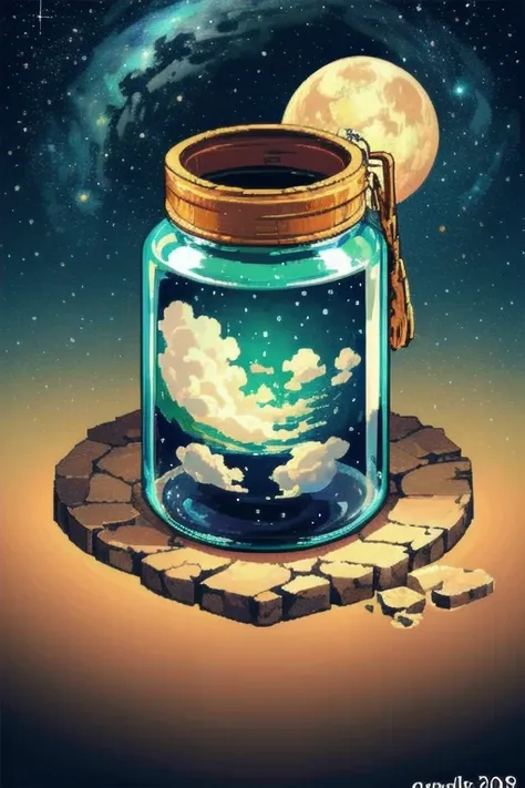 A huge jar containing a majestic lake ,  Very high quality and highly detailed scenes , octane rendering, starry sky , dream , huge green moon , Vought of Heaven , Inspiration, imagine  