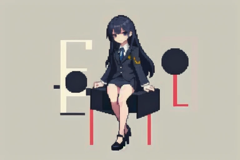 raise your heels, Sit down and show your butt from the front, holding my knees, blazer jacket, long hair, cute, Pixel art