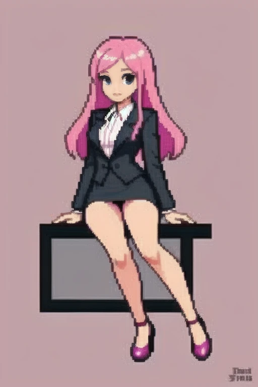 raise your heels, Sit down and show your butt from the front, holding my knees, blazer jacket, long pink hair, cute, Pixel art