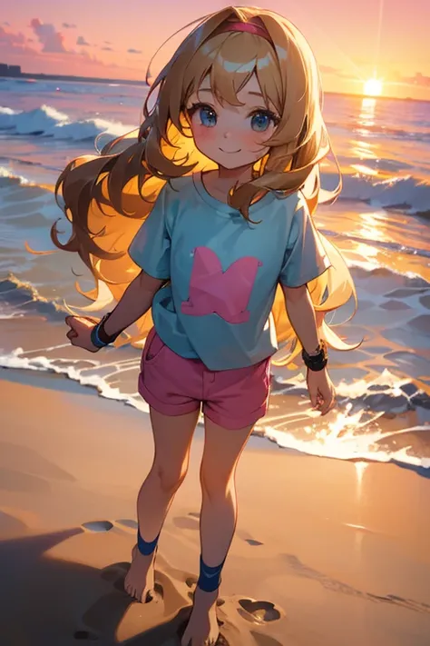 a cute 3 year old church girl named Anna, brownish blonde hair, long wavy hair, short sleeved blue wish week tshirt, pink shorts, on a sandy beach, sunset, standing in the sand, slight smile, wearing wristbands