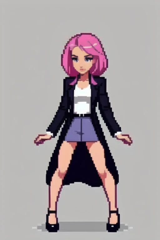 raise your heels, Sit down and show your butt from the front, holding my knees, blazer jacket, long pink hair, cute, Pixel art