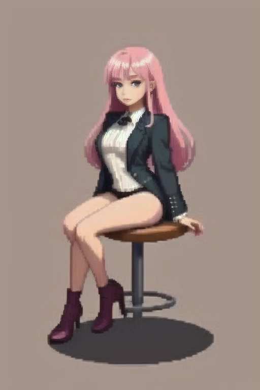 raise your heels, Sit down and show your butt from the front, holding my knees, blazer jacket, long pink hair, cute, Pixel art